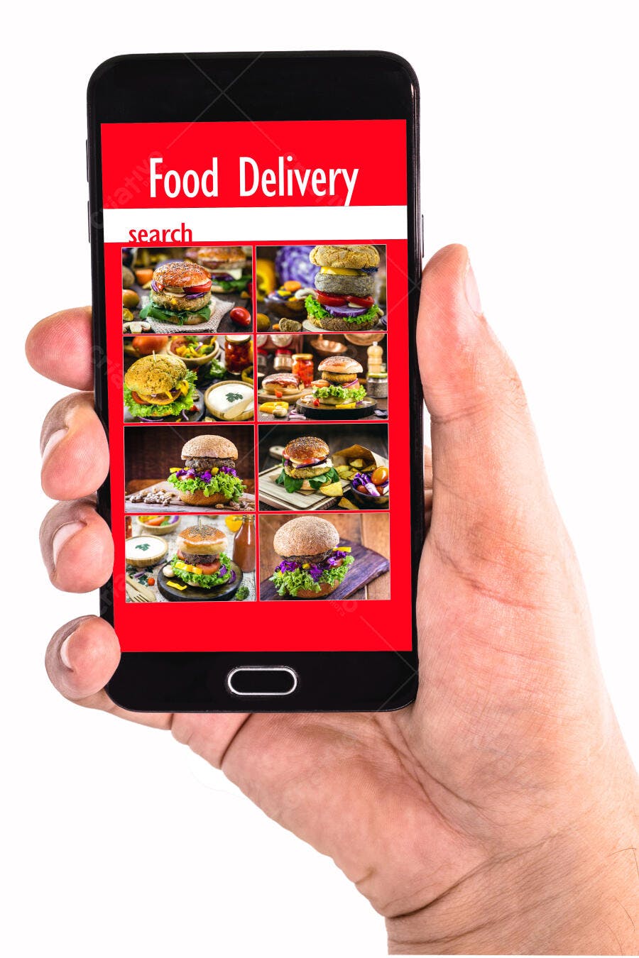 Mão segurando smartphone com aplicativo Food Delivery exibindo hambúrgueres gourmet variados