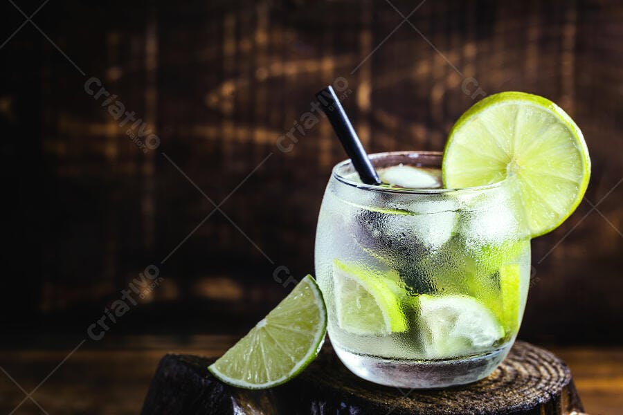 Caipirinha gelada com rodelas de limão em copo sobre madeira rústica