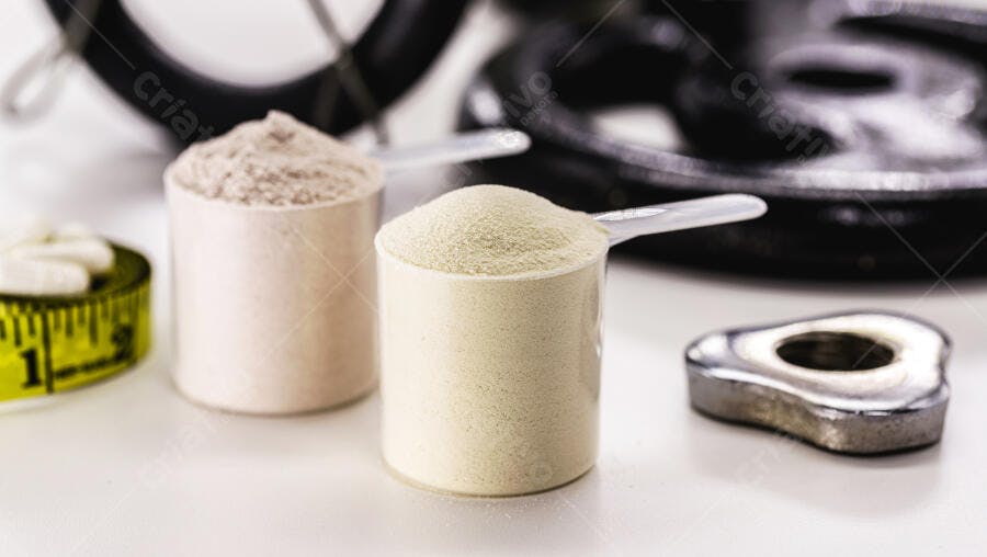 Suplementos em pó proteico com fita métrica e pesos para treino de academia