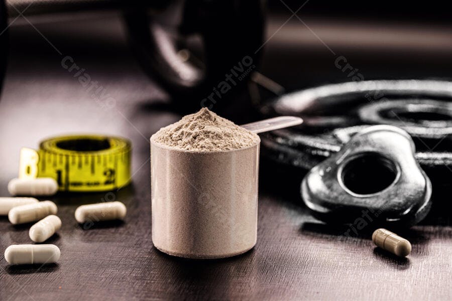 Pó de proteína e cápsulas fitness com fita métrica em fundo escuro de academia
