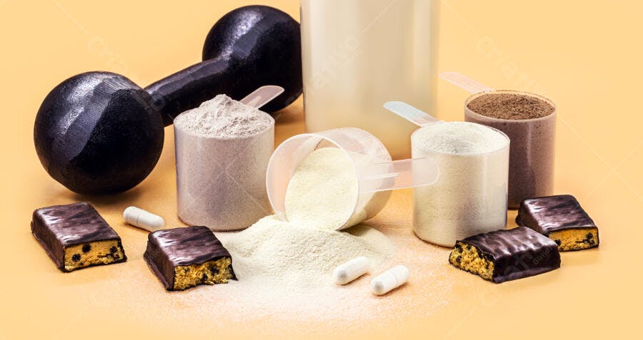 Suplementos fitness proteína em pó barras e halteres no estúdio