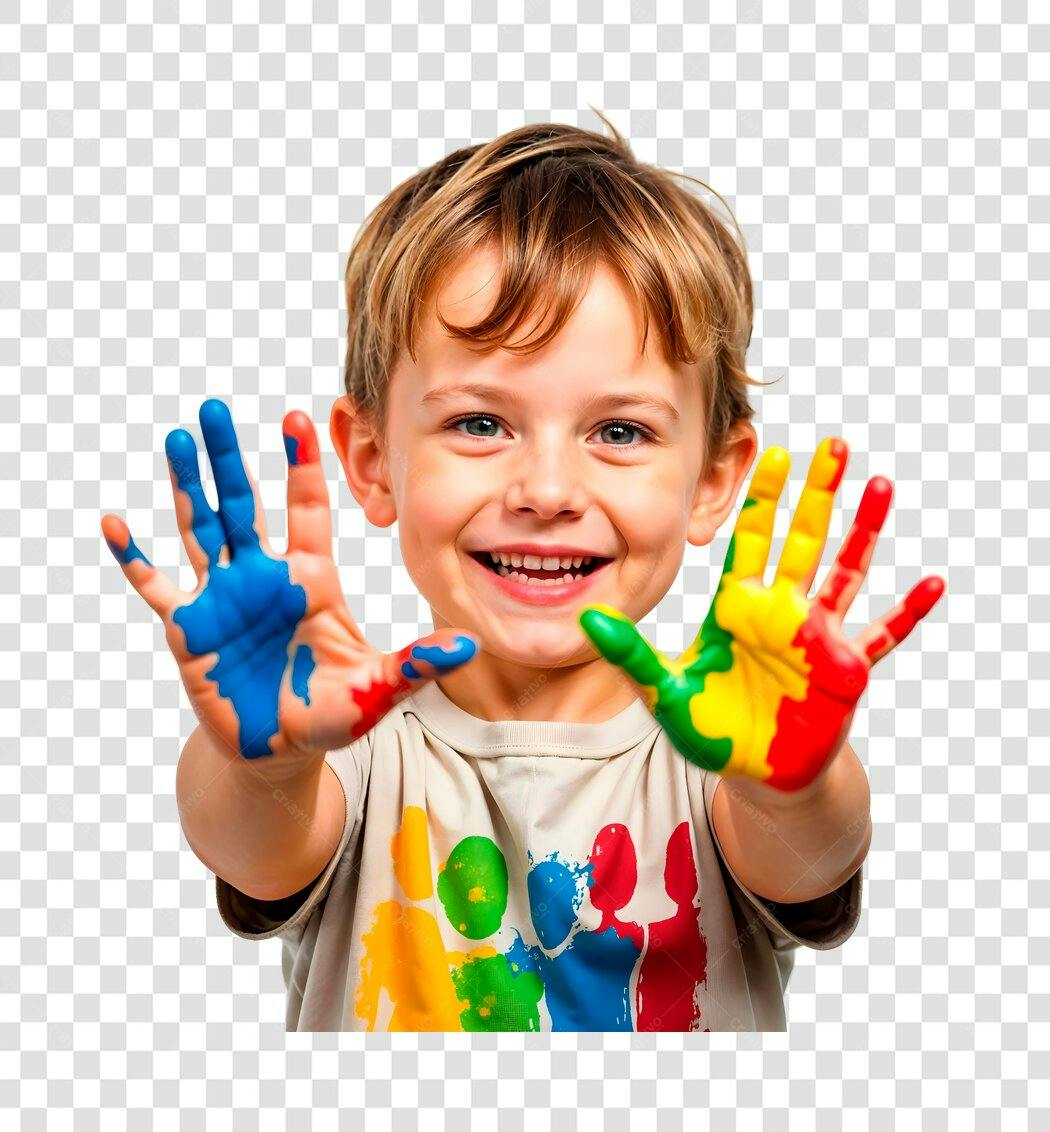 Imagem para Dia das Crianças Conscientização do Autismo menino feliz mãos pintadas coloridas PNG com fundo transparente