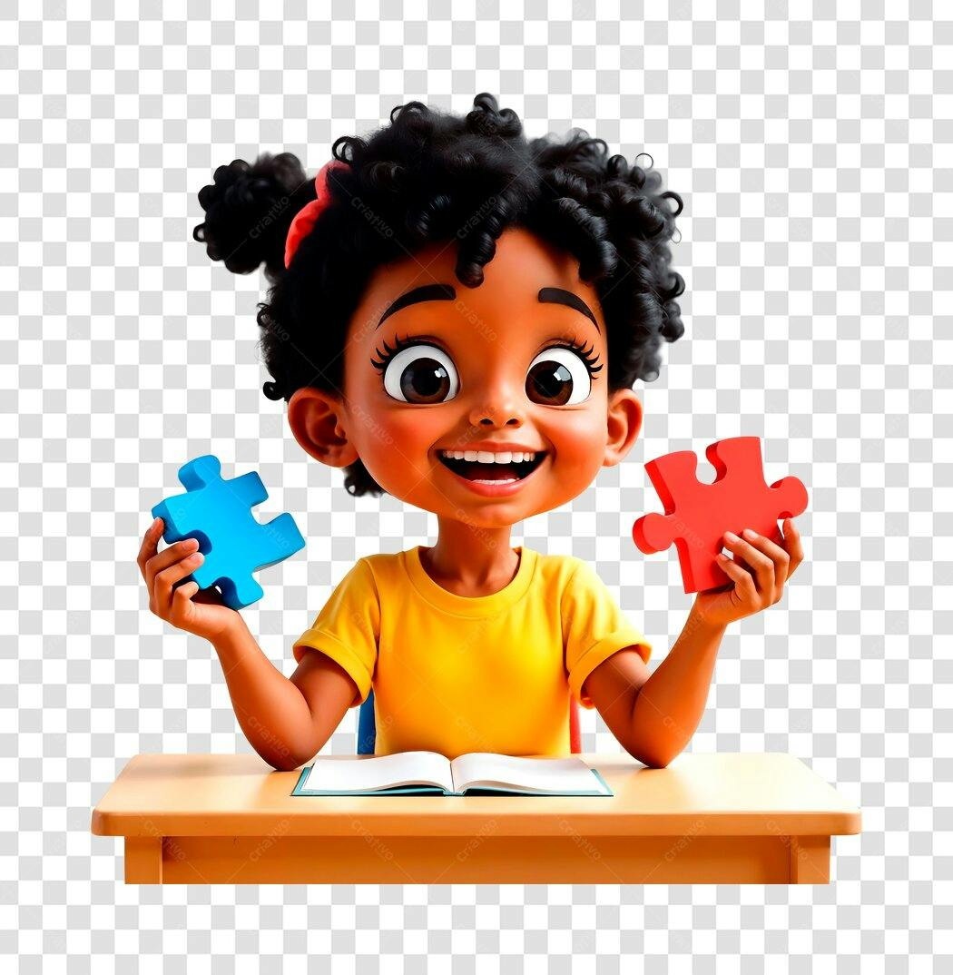 Personagem para Conscientização do Autismo Conteúdo Educacional Menina Negra Estudante com Quebra-Cabeças PNG com fundo transparente