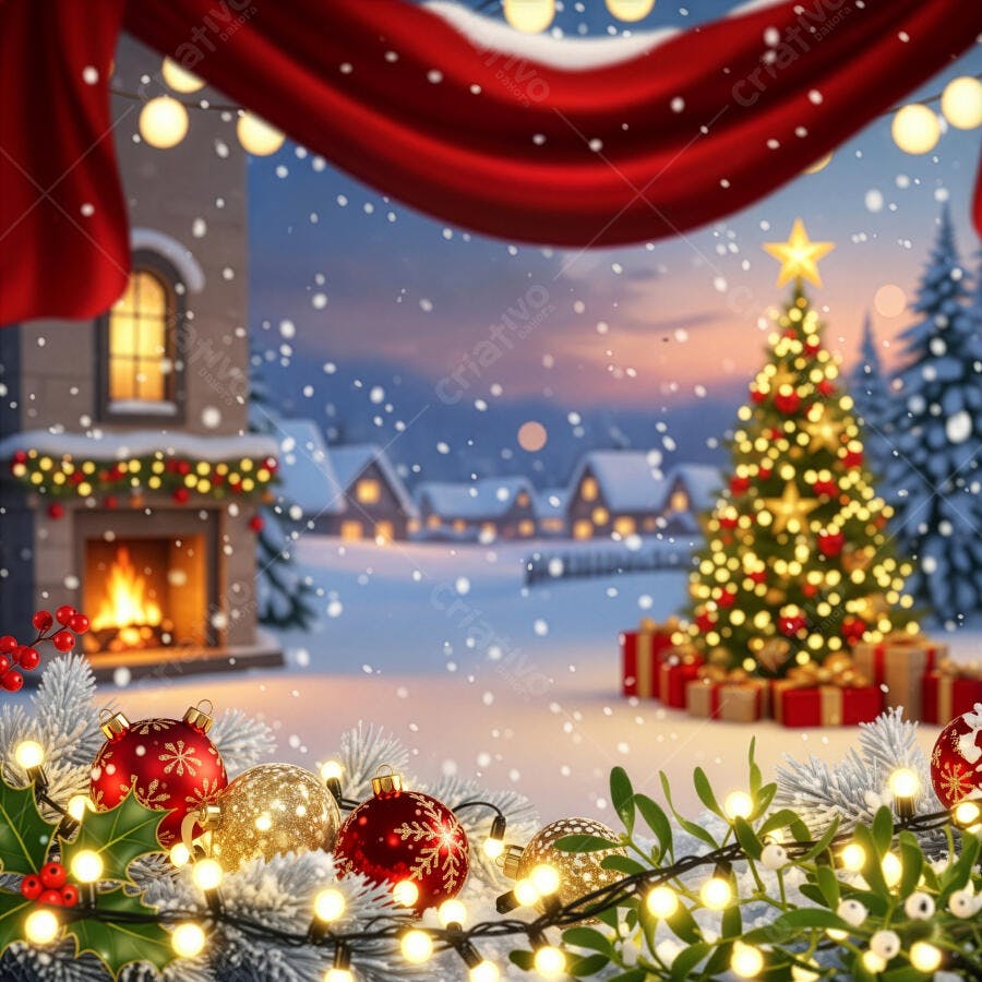 Decoração de Natal lareira acesa árvore iluminada e neve caindo em vila noturna