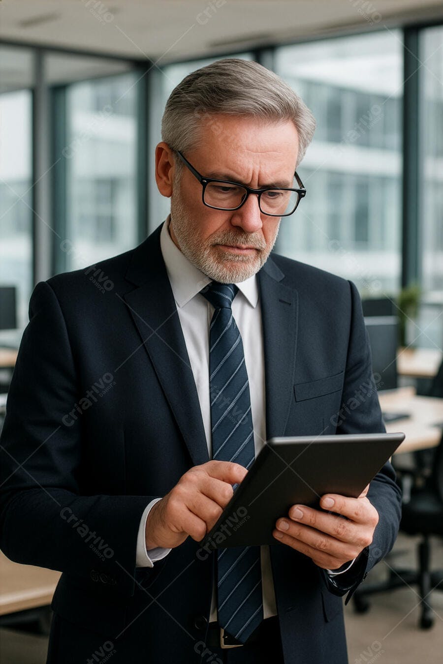Homem de negócios sênior focado em tablet na moderna sala de escritório