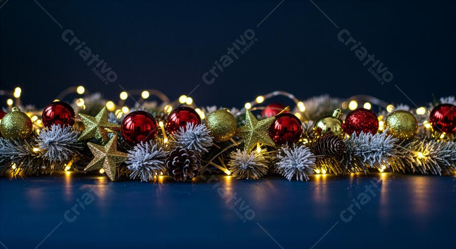 Decoração de Natal festiva com bolas douradas vermelhas e luzes quentes em fundo azul