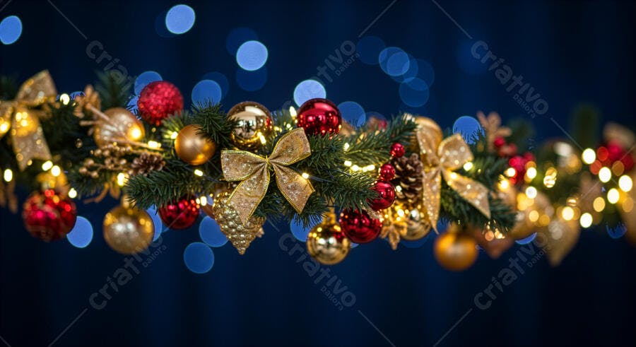 Guirlanda de Natal com laços dourados e bolas festivas em fundo azul bokeh