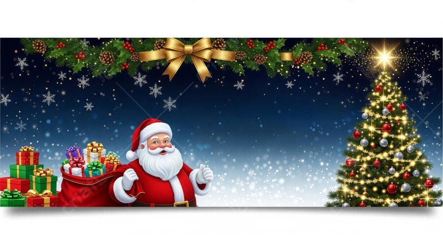 Papai Noel sorridente com saco de presentes e árvore de Natal iluminada em noite nevada