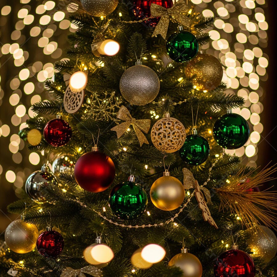 Árvore de Natal verde decorada com bolas vermelhas douradas e luzes brilhantes