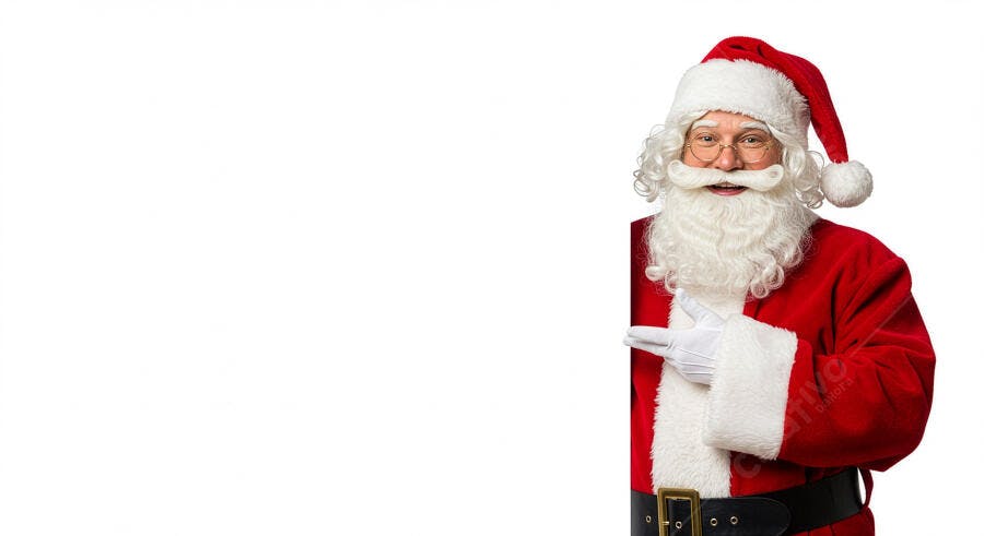 Papai Noel sorrindo apontando para espaço em branco vestido de vermelho