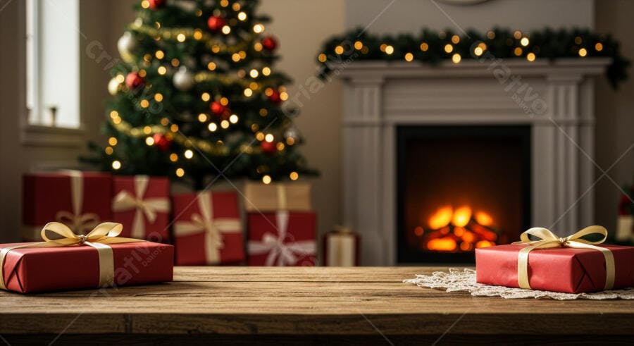 Presentes de Natal em mesa de madeira com árvore e lareira acesa