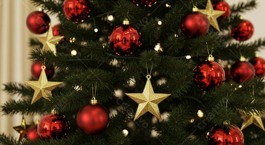 Árvore de Natal decorada com bolas vermelhas e estrelas douradas brilhosas festa de fim de ano