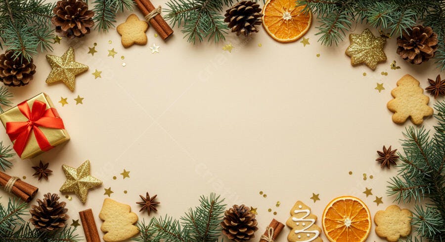 Decoração natalina festiva com biscoitos, pinhas e presente dourado em fundo bege