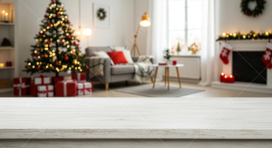 Sala de estar de Natal decorada com árvore iluminada lareira e presentes vermelhos