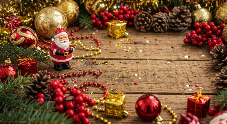 Decoração de Natal festiva com Papai Noel em mesa rústica vermelho e dourado
