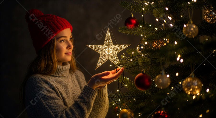 Mulher jovem com gorro vermelho admirando estrela brilhante na árvore de Natal