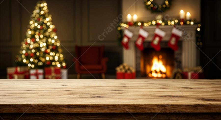 Mesa de madeira rústica com fundo de Natal festivo e lareira acesa com árvore decorada