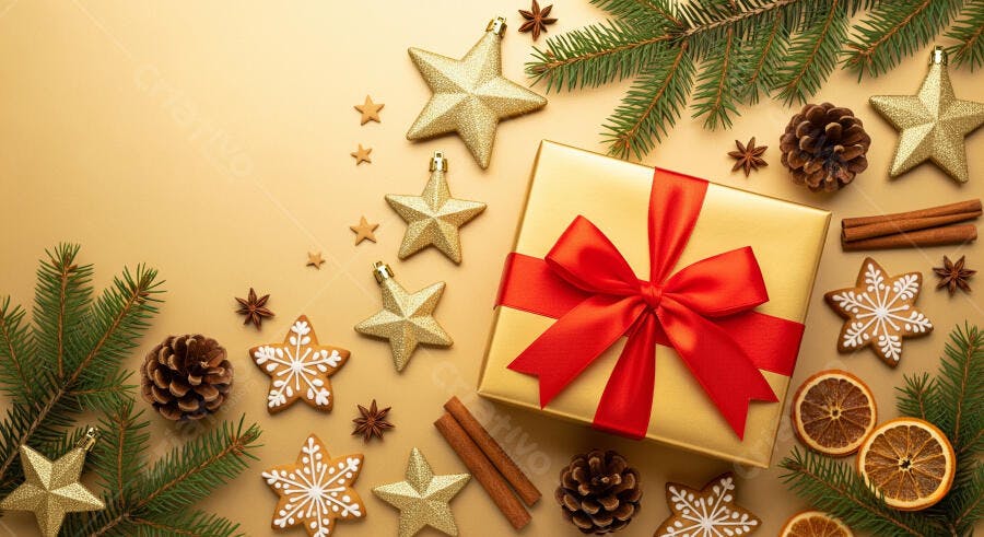 Presente de Natal dourado com laço vermelho e decorações festivas
