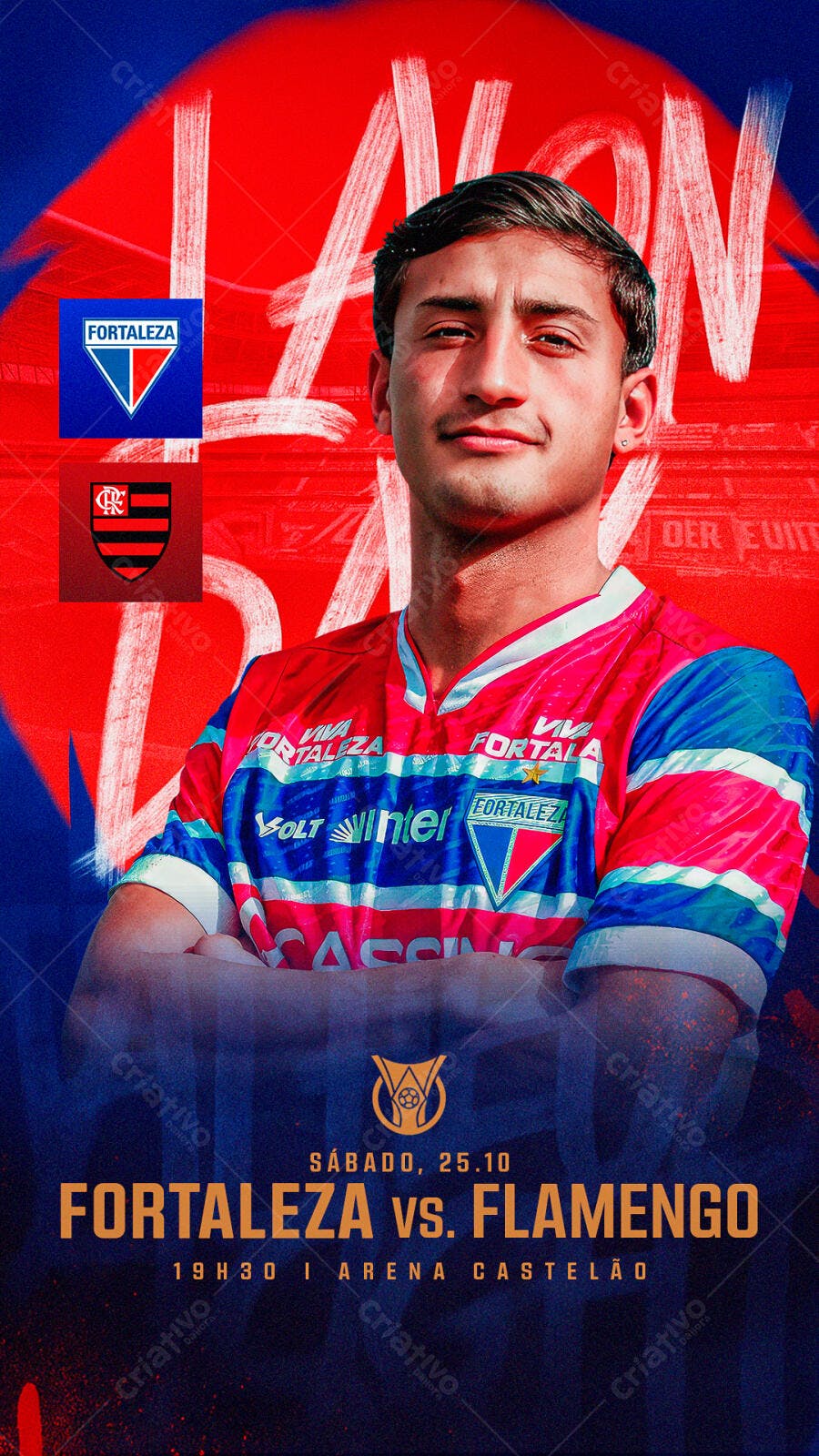 Flyer Jogo de Futebol Fortaleza vs Flamengo com Jogador PSD Editável