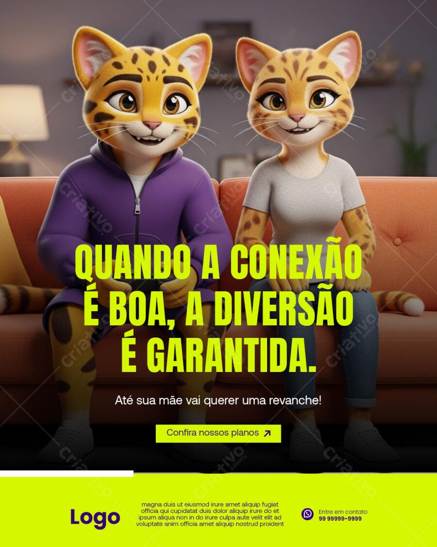 Flyer Conexão Internet e Diversão com Gatos Cartoon PSD Editável