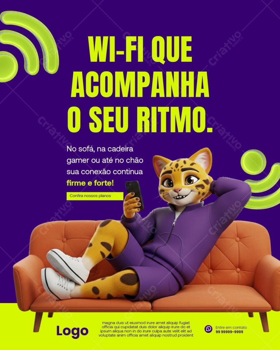 Post para Redes Sociais Wi-Fi Rápido com Mascote PSD Editável