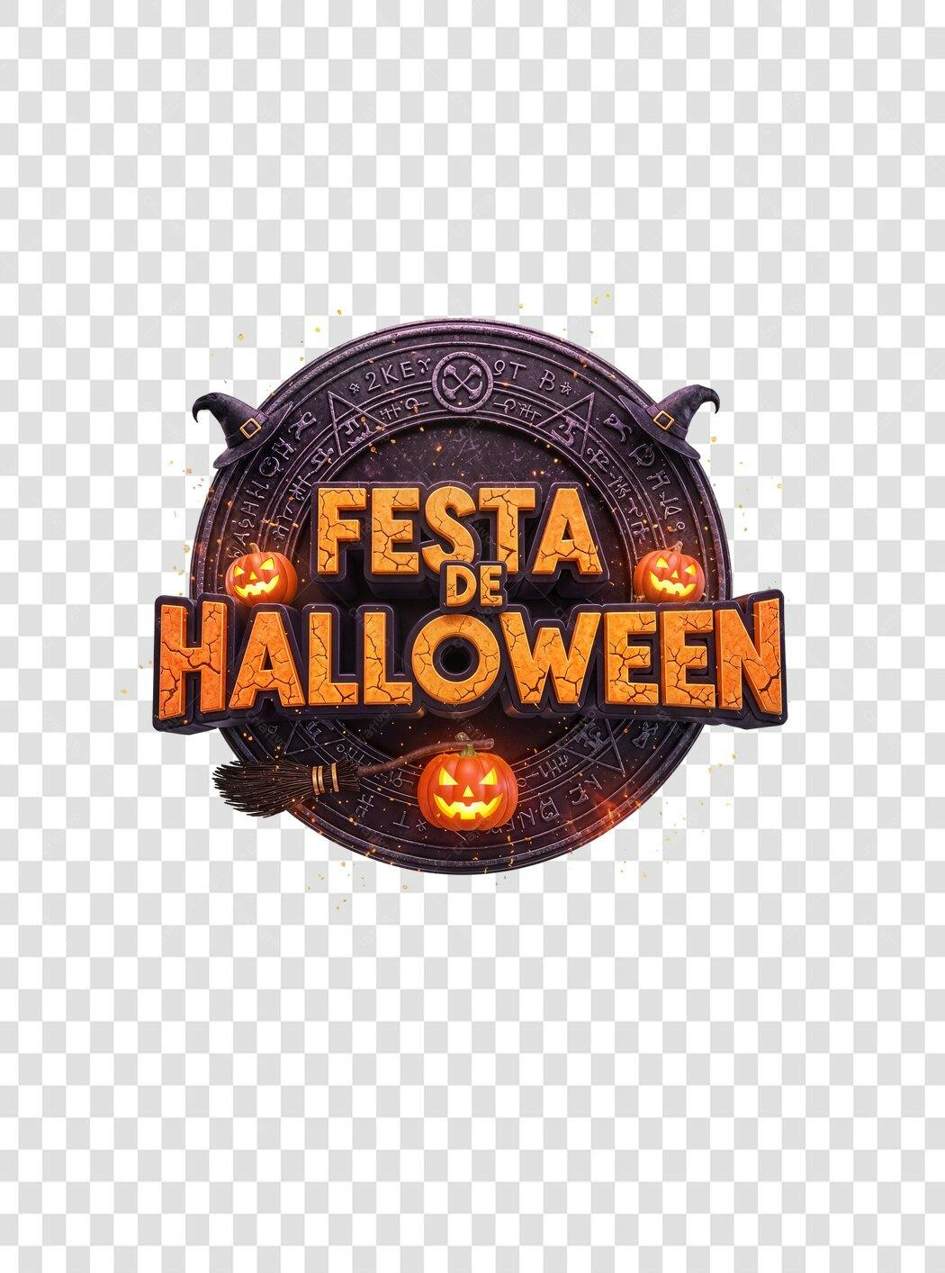 Emblema Festa de Halloween com Abóboras Chapéu Vassoura Laranja Roxo PNG com fundo transparente