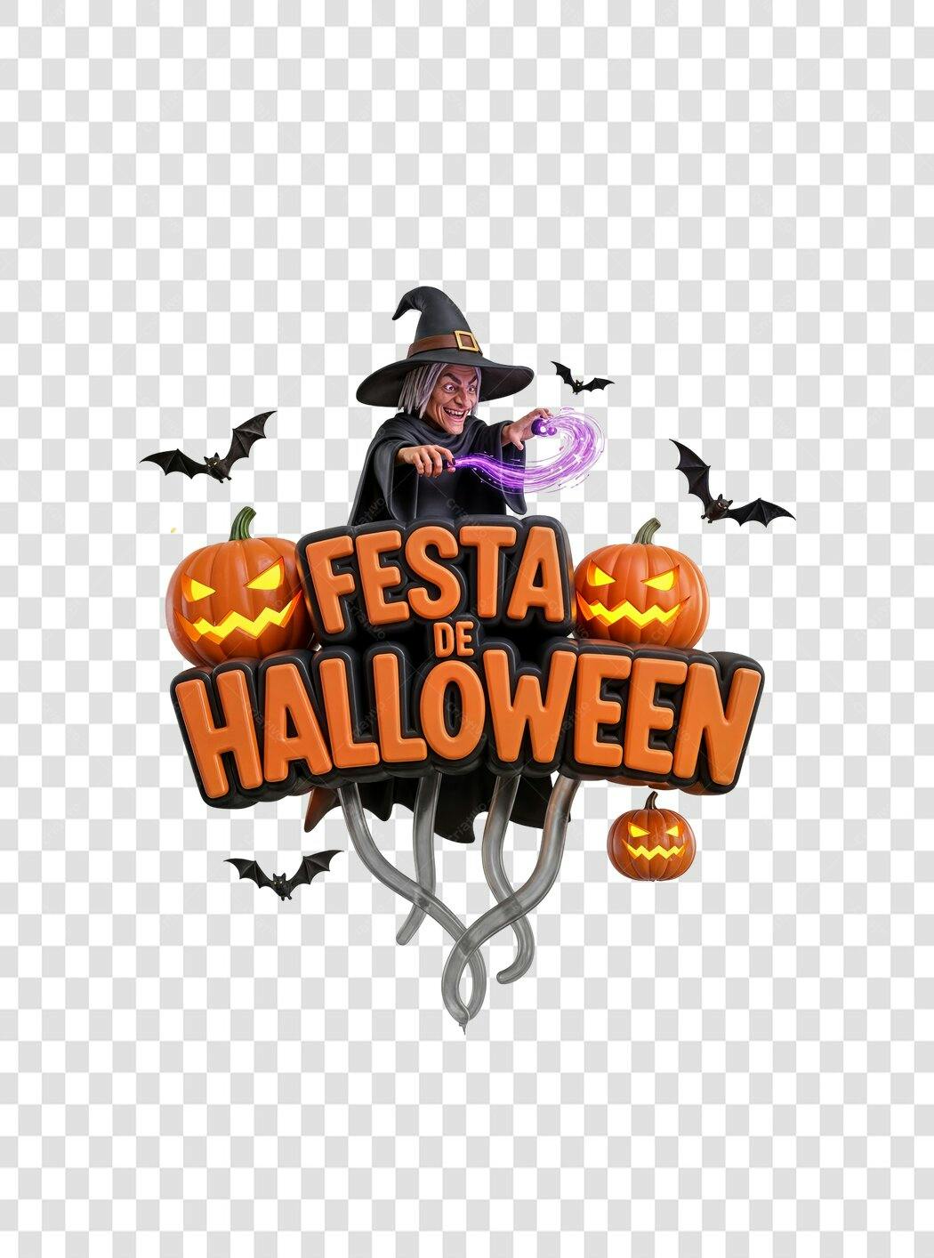 Título 3D Festa de Halloween bruxa abóboras morcegos PNG com fundo transparente