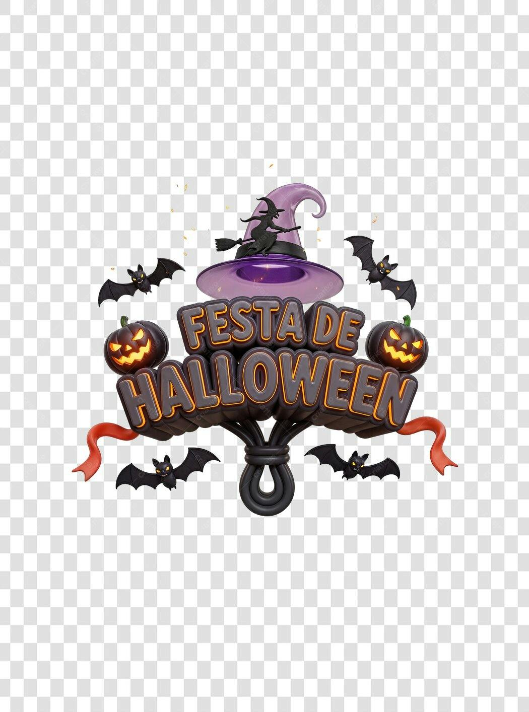 Elemento Gráfico 3D Festa de Halloween Abóboras Morcegos Bruxa PNG com fundo transparente