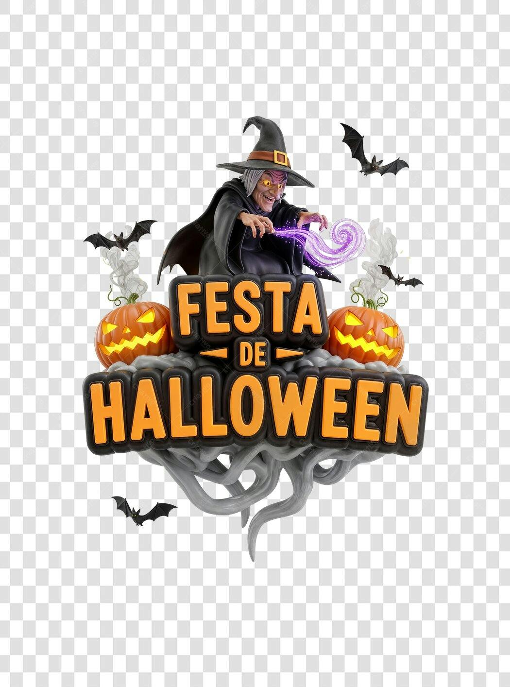 Título 3D Festa de Halloween Bruxa Abóboras Morcegos 31 de Outubro PNG com fundo transparente