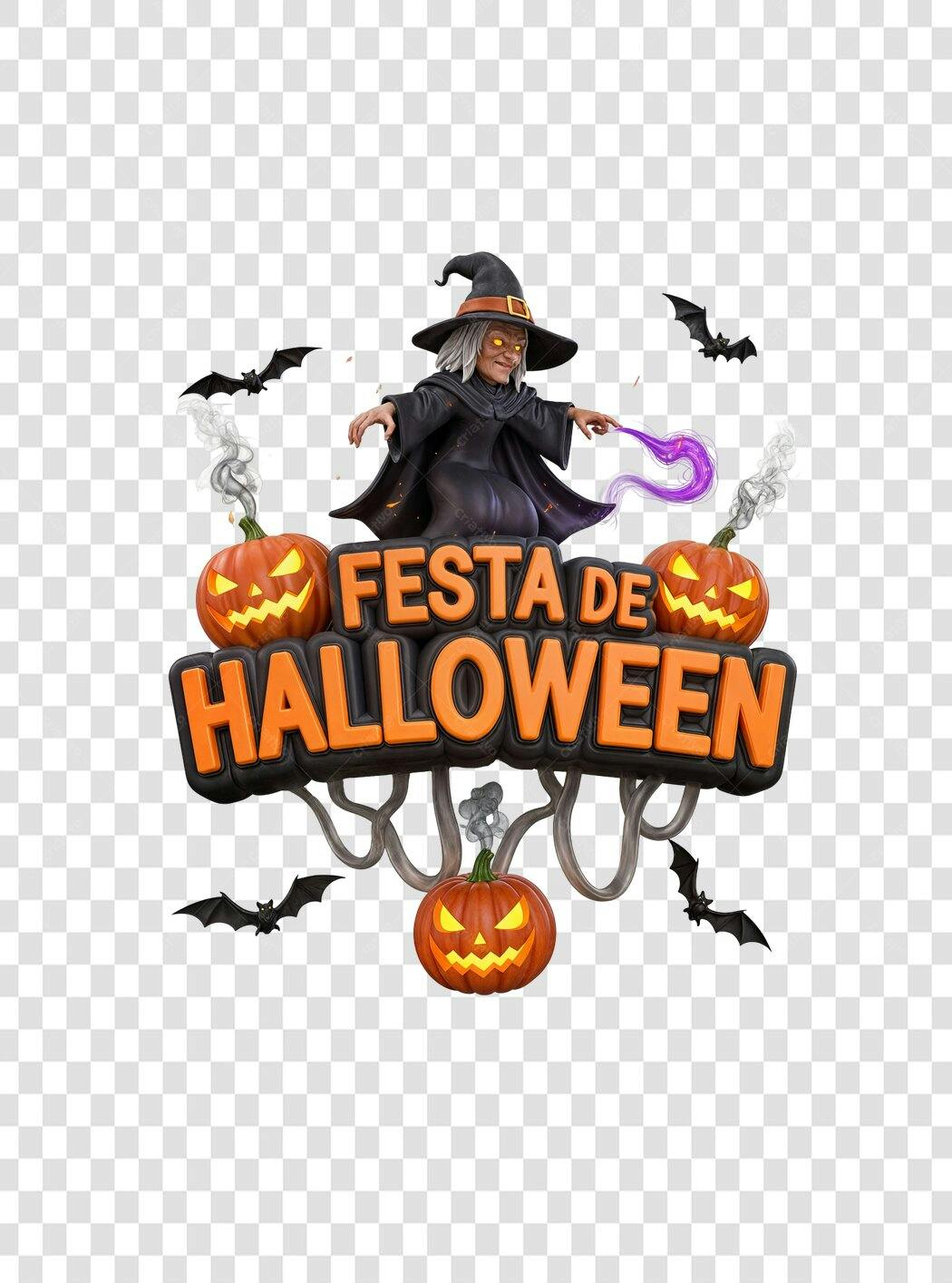 Ilustração 3D Festa de Halloween Bruxa Abóboras PNG com fundo transparente