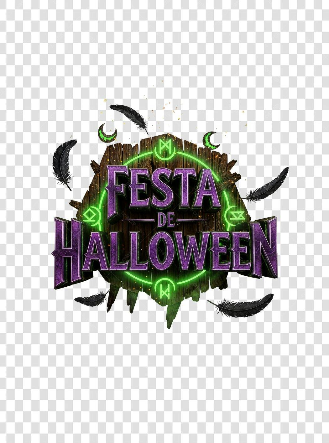Título para Festa de Halloween Outubro 31 roxo neon verde penas pretas PNG com fundo transparente