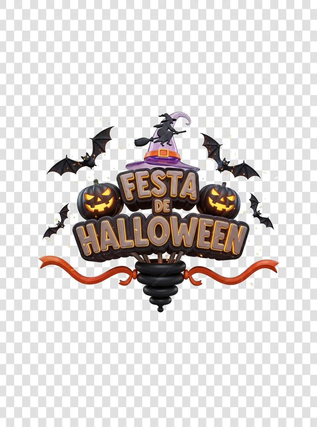 Título 3D Festa de Halloween 31 de Outubro com bruxa morcegos abóboras PNG com fundo transparente