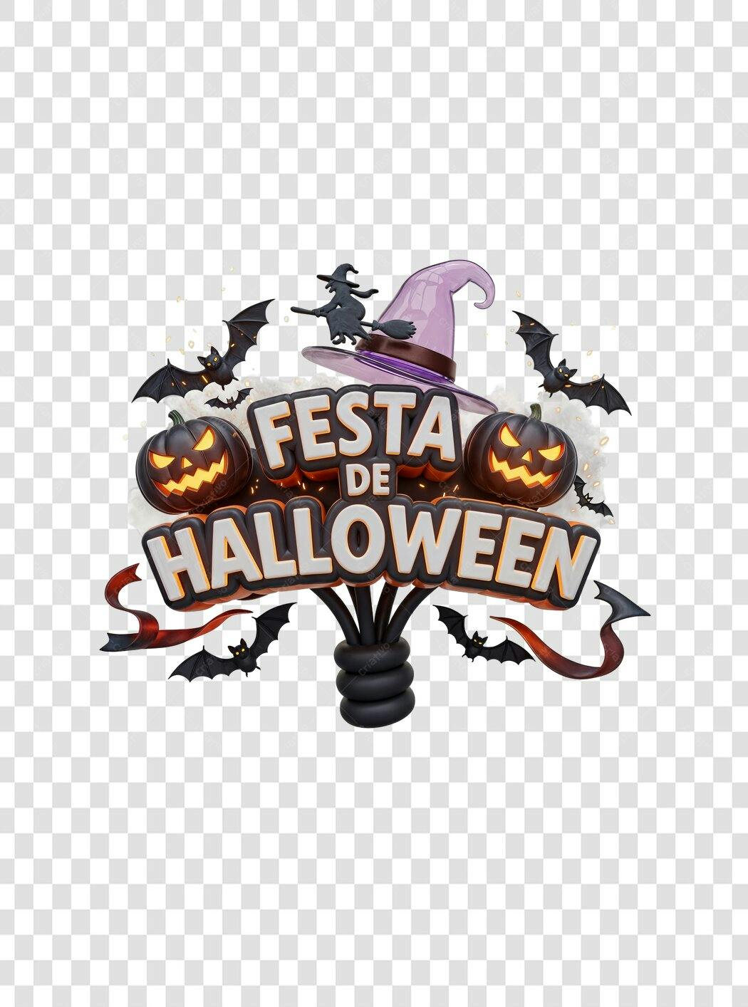 Título 3D Festa de Halloween com abóboras e morcegos PNG com fundo transparente