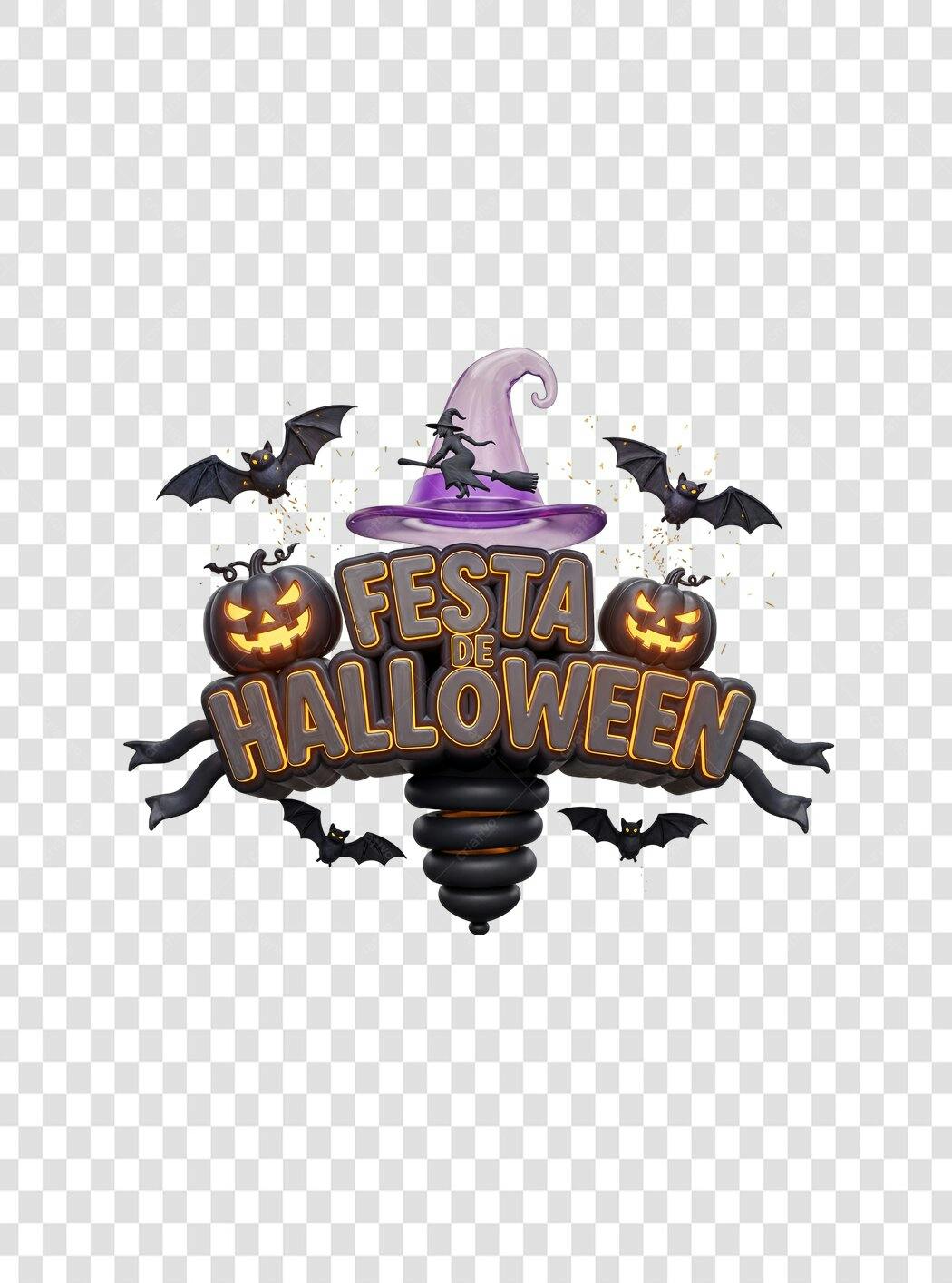 Título 3D Festa de Halloween Abóboras Morcegos Roxo Preto PNG com fundo transparente