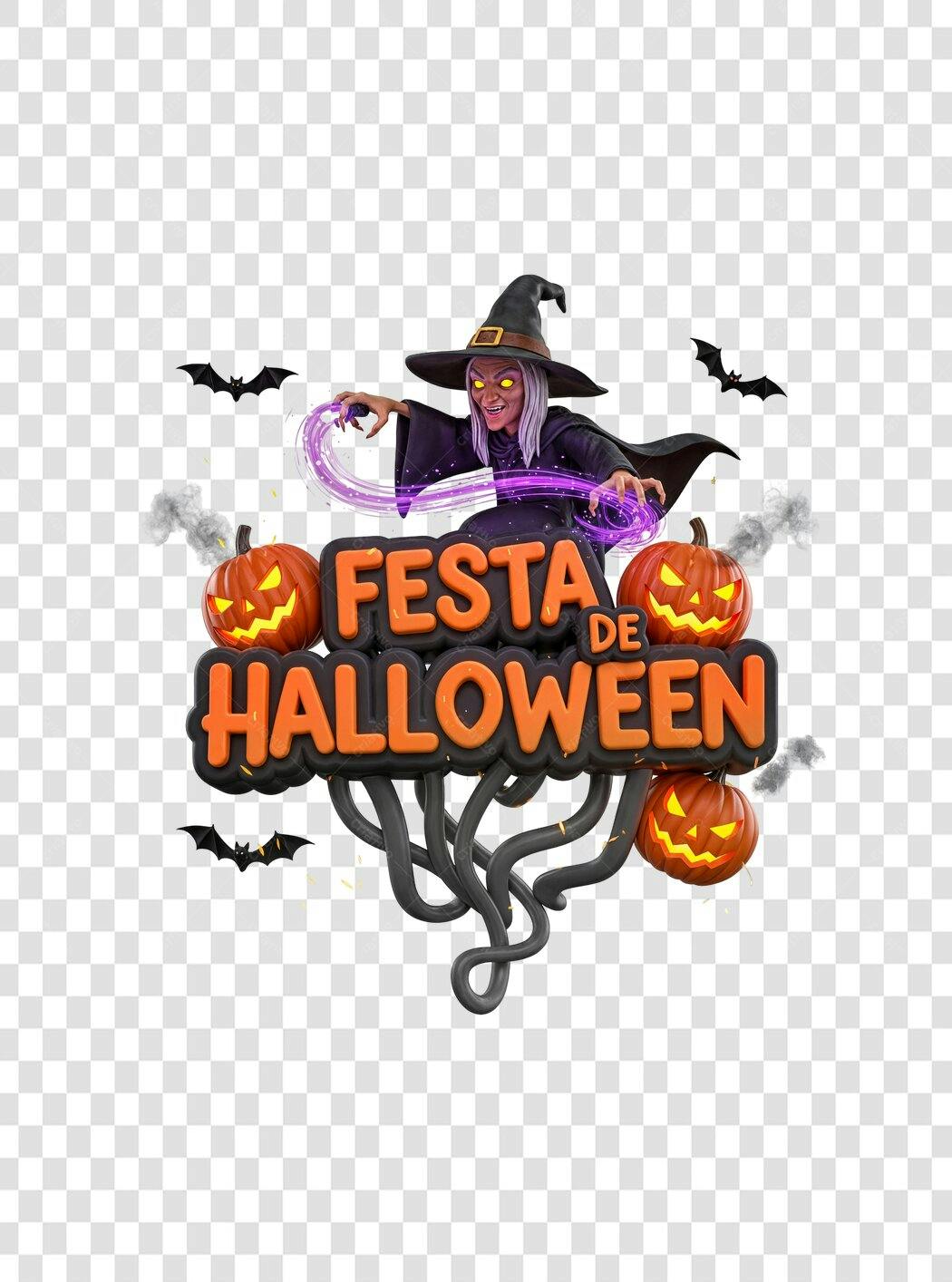 Título 3D Festa Halloween 31 Outubro bruxa roxa abóboras laranjas PNG fundo transparente