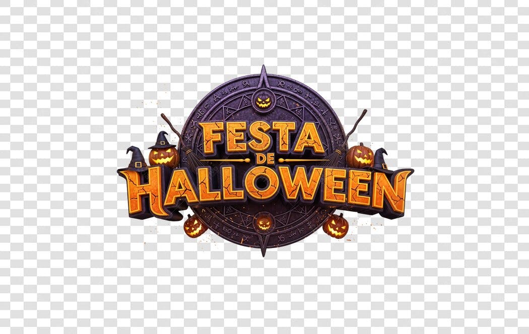 Título Festa de Halloween 31 de Outubro com abóboras vassouras roxo laranja PNG com fundo transparente