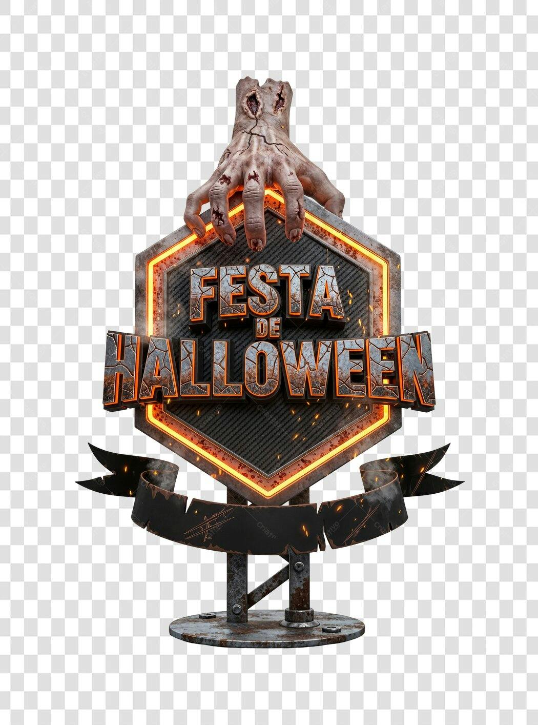 Título 3D Festa de Halloween com Mão Zumbi e Efeito Metal Laranja PNG com fundo transparente