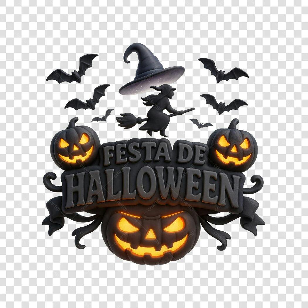 Letreiro 3D Festa de Halloween com abóboras morcegos bruxa PNG com fundo transparente