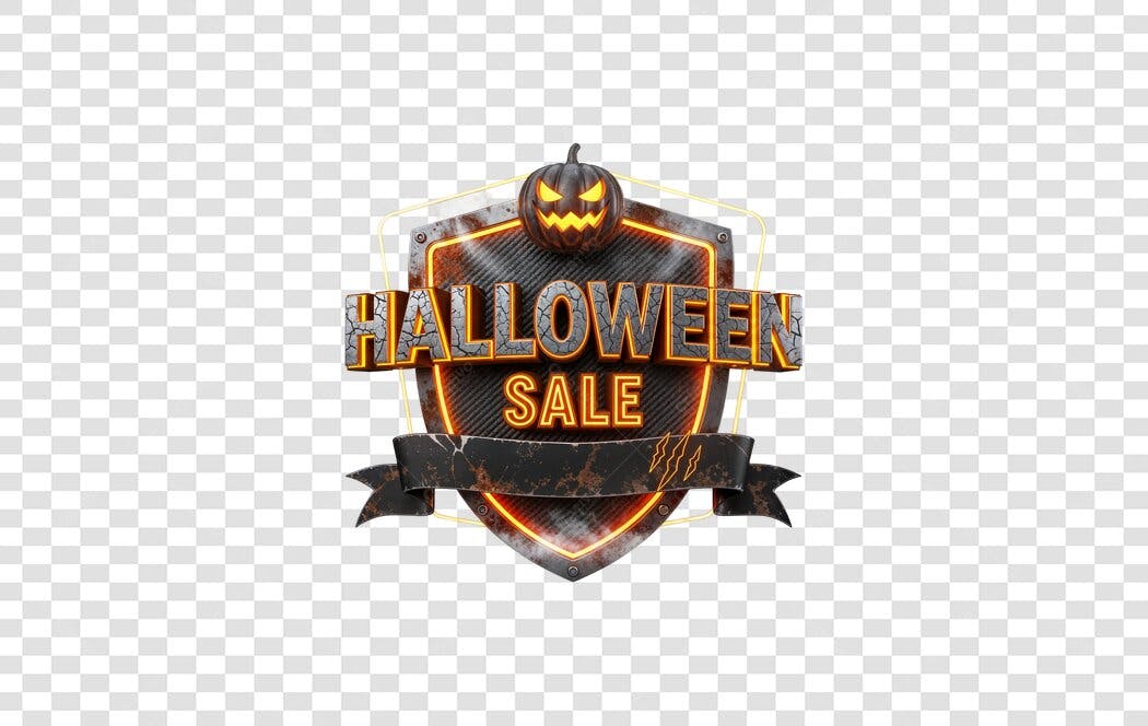 Selo de Venda Halloween 31 de Outubro Escudo Metálico Laranja PNG com fundo transparente