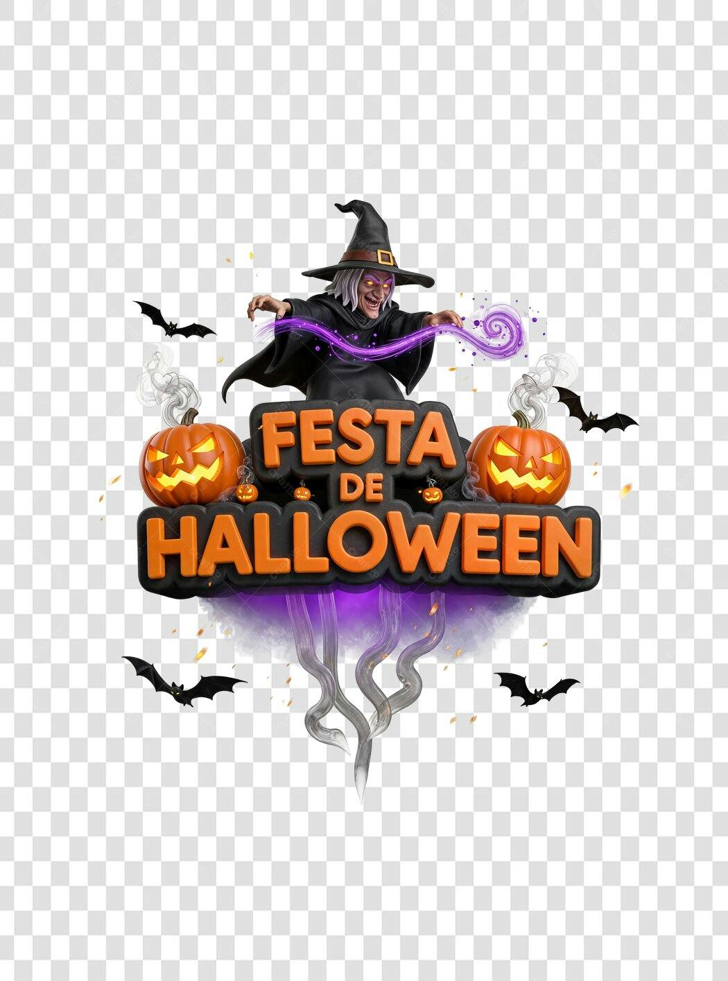 Ilustração 3D Festa de Halloween com bruxa e abóboras PNG com fundo transparente