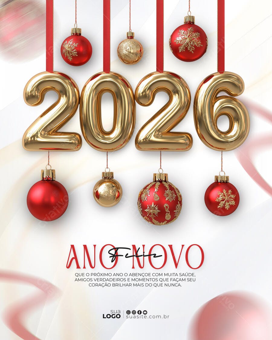 Flyer de Ano Novo 2026 com Números Dourados e Bolas Vermelhas PSD Editável