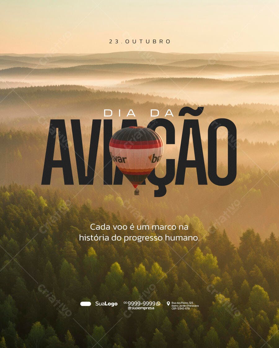 Flyer Dia da Aviação com Balão e Floresta Dourada PSD Editável