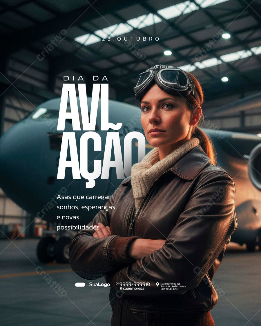 Flyer Dia da Aviação com Aviadora em Hangar e Avião PSD Editável