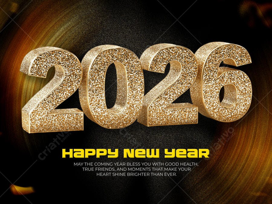 Post de Ano Novo 2026 Dourado Brilhante Happy New Year PSD Editável