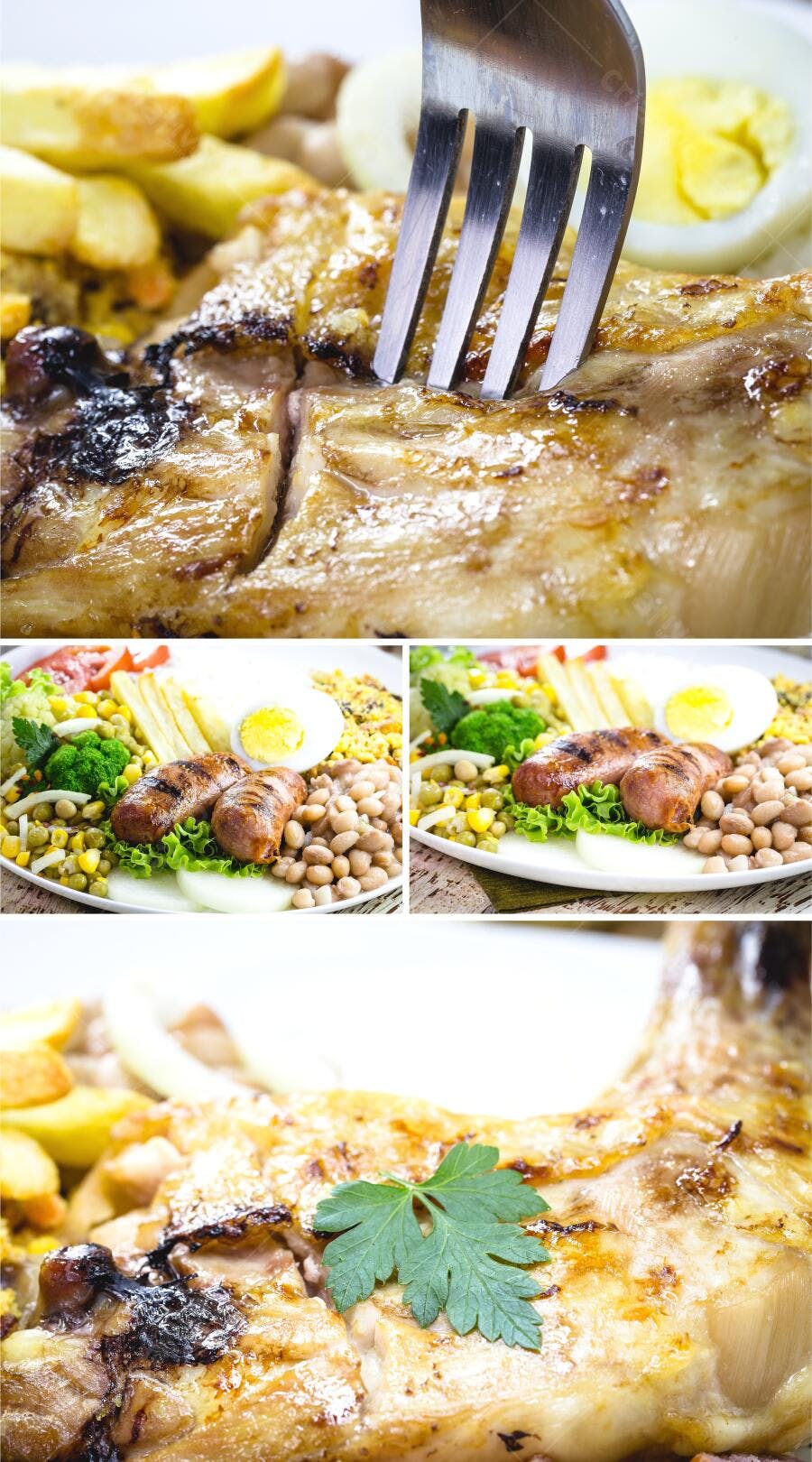 Frango grelhado com linguiça batata frita feijão arroz e salada fresca