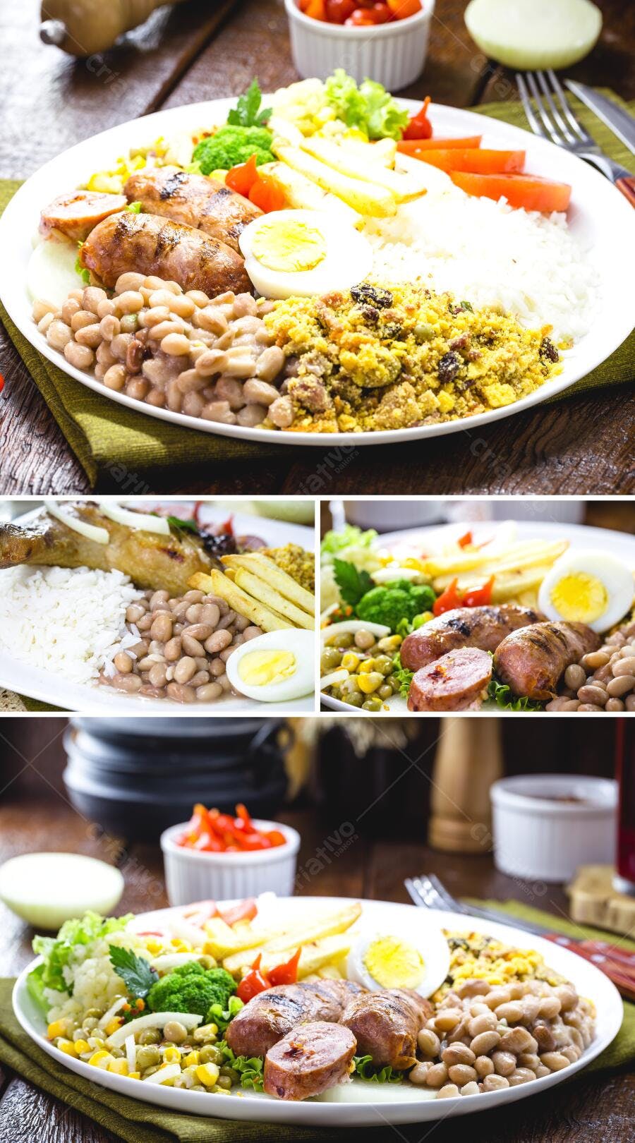 Prato brasileiro completo com linguiça grelhada arroz feijão farofa e ovo