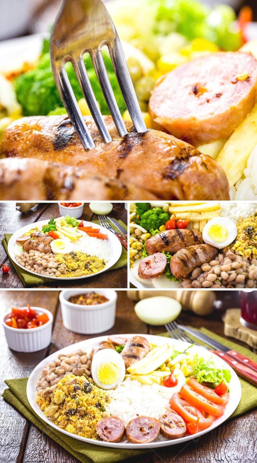Prato farto de linguiça grelhada arroz feijão farofa e salada em mesa rústica