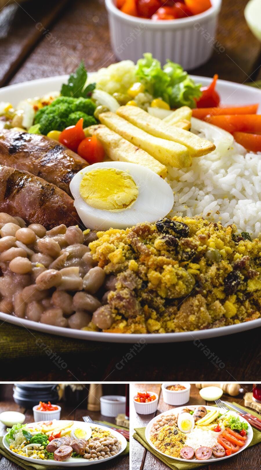 Prato de comida brasileira completa com linguiça, arroz, feijão e salada colorida