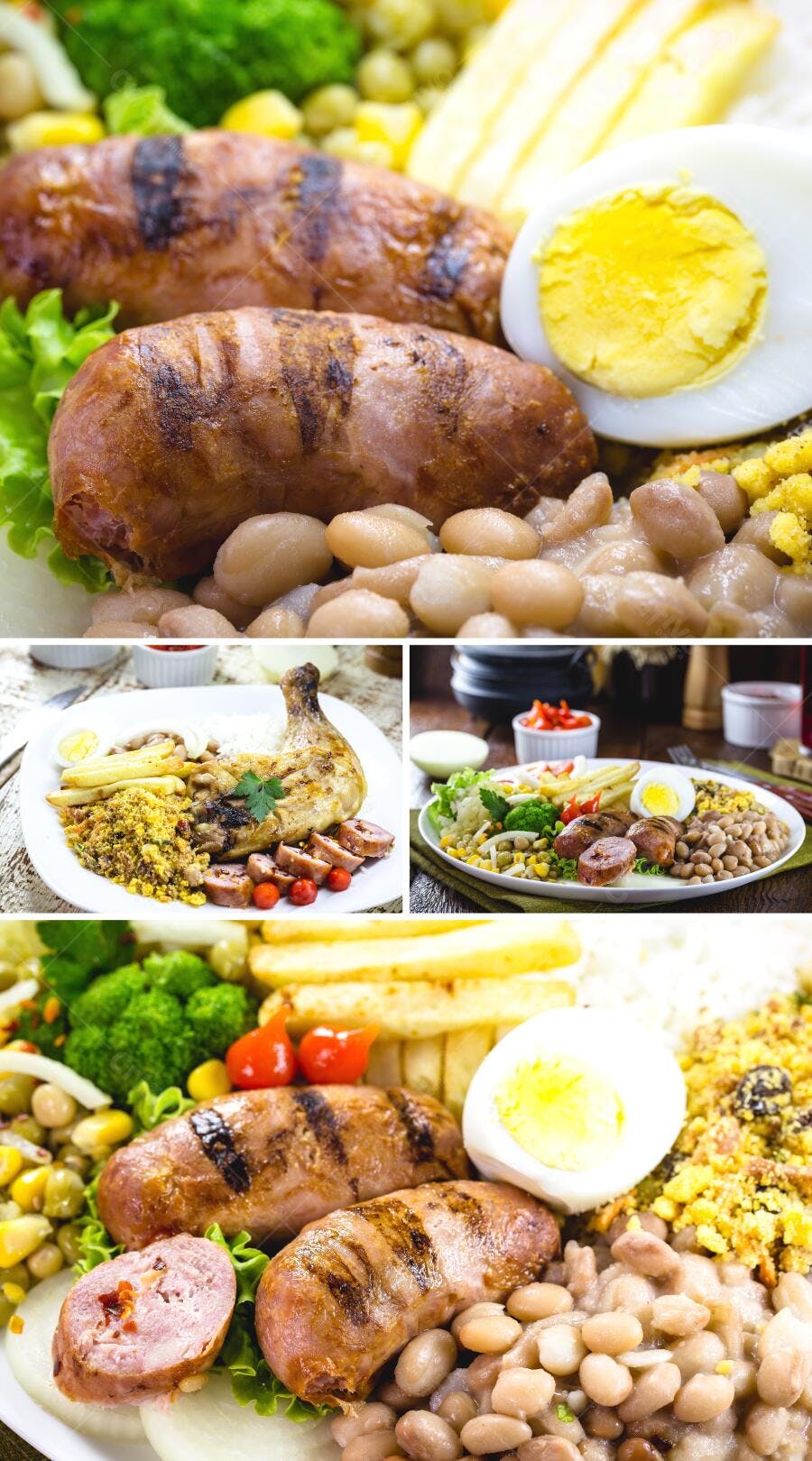 Prato feito brasileiro com linguiça grelhada, feijão, arroz e salada colorida