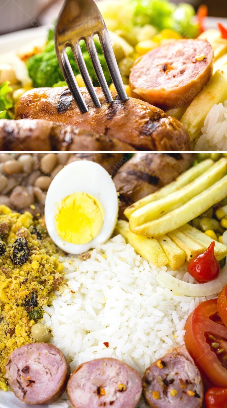 Prato de comida brasileira com linguiça, arroz, feijão, farofa e batata frita em close-up